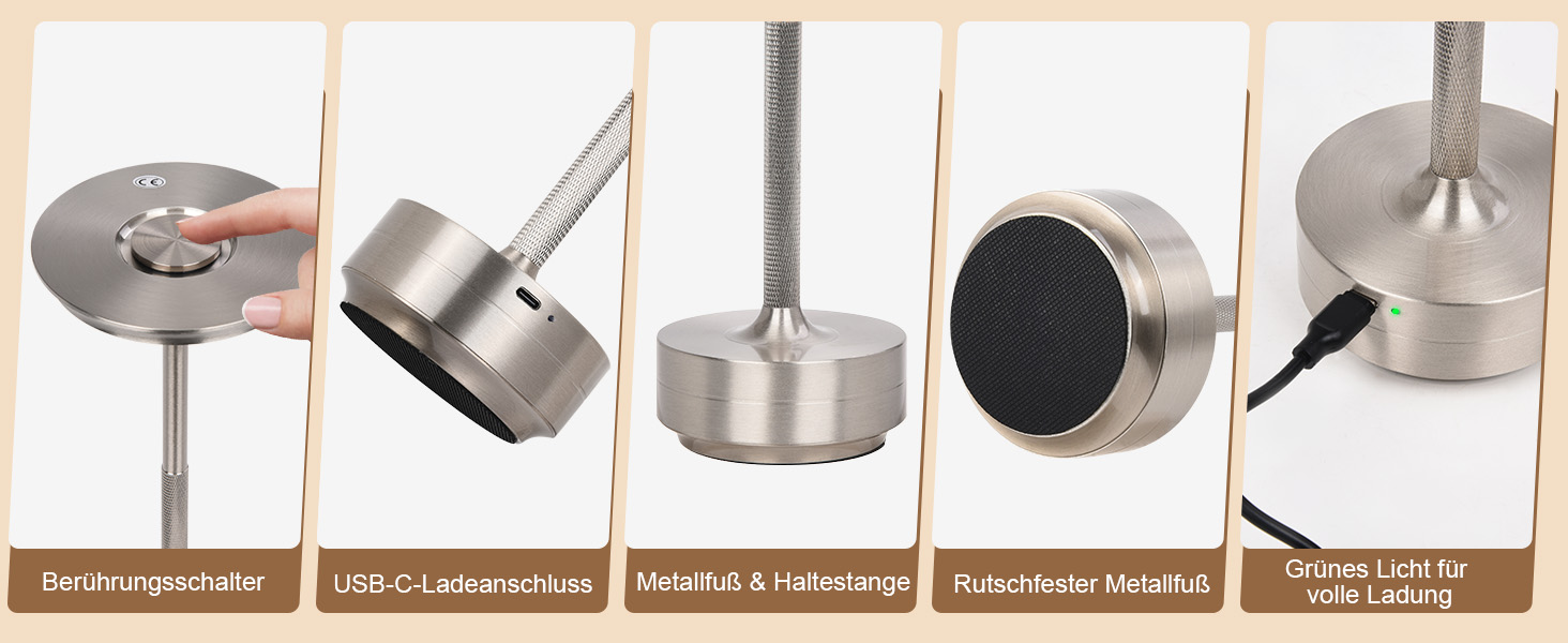 Бездротова LED лампа Rosnek: регульоване освітлення, 3 колірні температури, USB-C, срібло