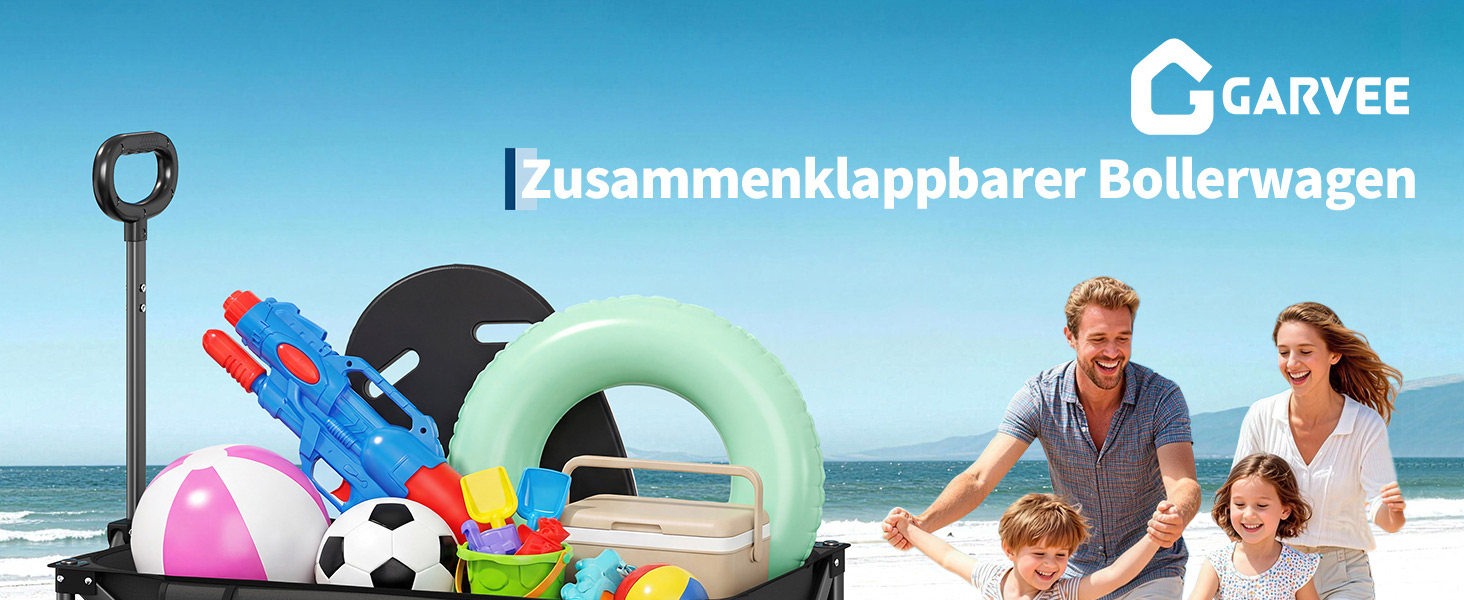 Візок-теліжка складний GarveeLife XXL 200L, 200 кг, гальма, колеса 20 см для пляжу, кемпінгу, саду, чорний