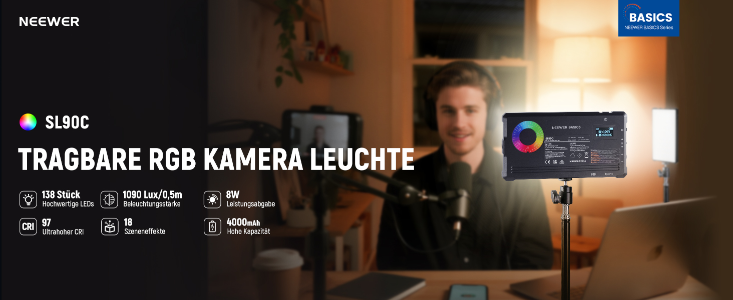 NEEWER SL90C RGB LED панель для відеозйомки, 8W, 2700K–7500K, портативна, з регулюванням кольору, CRI 97, 4000mAh, металева, для DSLR, стримінгу, SL90C