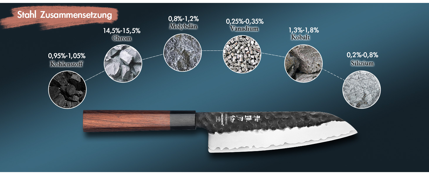Японський ніж Santoku 18,5 см Hezhen, кухонний, з кованого сталі, з дерев'яною ручкою