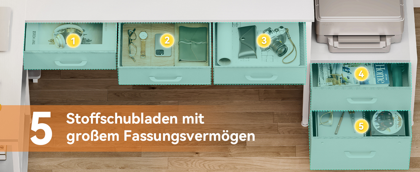 Комп'ютерний стіл Coleshome з 5 шухлядами та 4 полицями 180x100 см, L-подібний стіл з LED-підсвіткою, розетками та USB, великий стіл для home office, білий