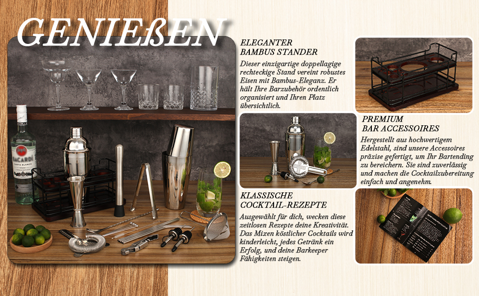 Набір для коктейлів Boston Cocktail Shaker Set 825 мл з підставкою, нержавіюча сталь, професійний барний аксесуар, набір бармена з рецептами, ідеальний подарунок (сріблястий)