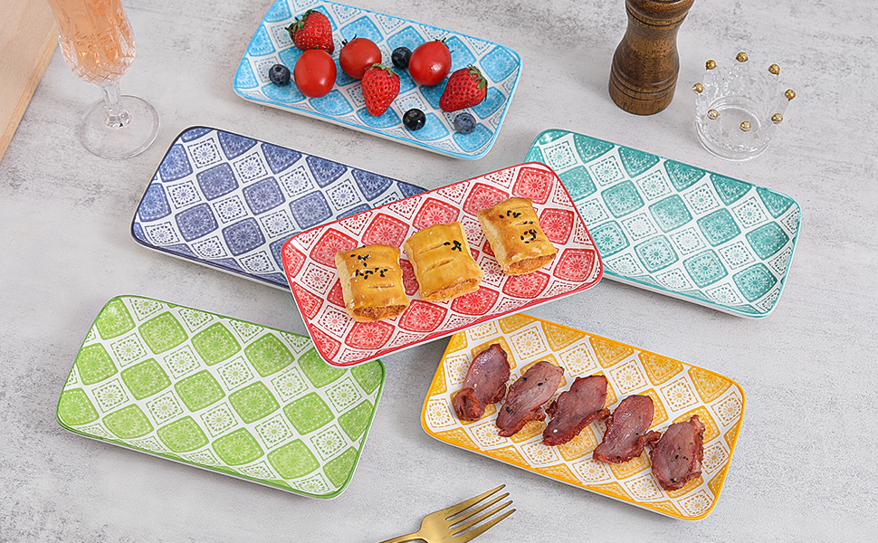 Набір прямокутних тарілок для суші, десертів та закусок - 6 шт. | Порцеляна, 20 x 11 см | Яскраві кольори, безпечні для миття в посудомийній машині