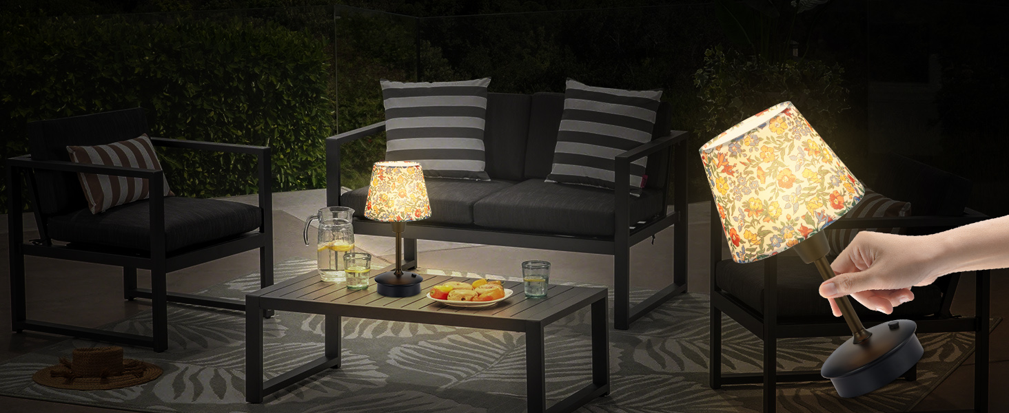 Акумуляторна настільна лампа: портативна, з регулюванням яскравості, для дому та саду. Тканинний абажур, античний метал, квітковий принт