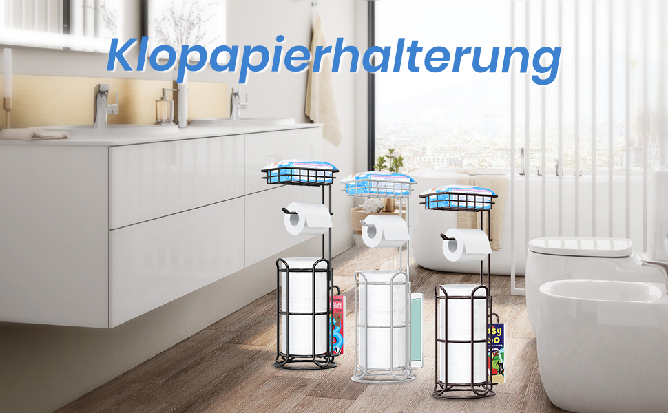 Тримач туалетного паперу TreeLen Mega Roll з нержавіючої сталі, тримач для серветок, стійка для туалетного паперу з полицею для телефону/ганчірки та підставка для журналів, хром (для 4 рулонів, чорний тримач туалетного паперу)