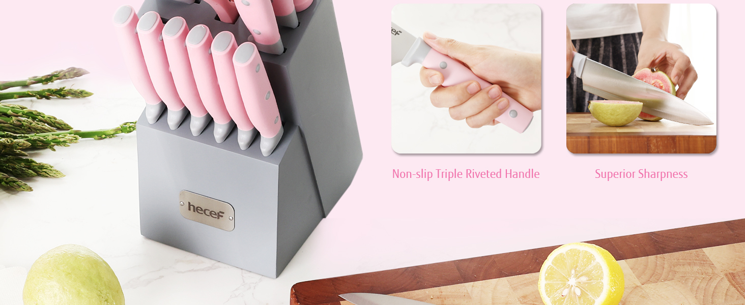 Набір ножів Hecef 14 предметів з дерев'яним блоком, професійний набір кухонних ножів з нержавіючої сталі, з ножицями/ножем для стейку/точильним інструментом (рожевий)