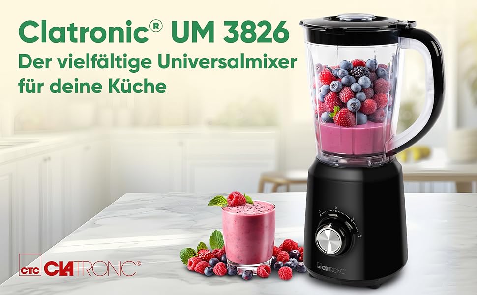 Міксер Clatronic® UM 3826 500W: 1.5л, нержавіюча сталь, подрібнення льоду, 3 швидкості, Turbo-функція, чорний