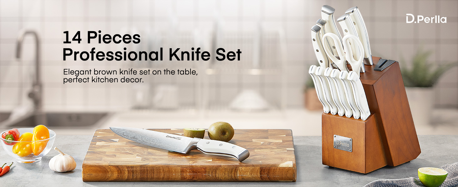 D.Perlla 14-Piece Self-Sharpening Knife Block Set - Professional Stainless Steel Kitchen Knife Set with Plastic Handle & Wooden Block (Brown)