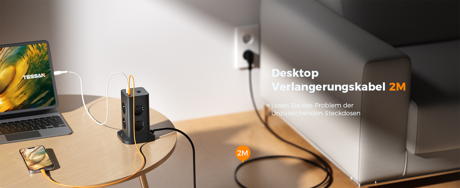 Блок розеток TESSAN з захистом від перенапруги 3600W 16A, 8 розеток, USB-C, подовжувач 2м, сірий