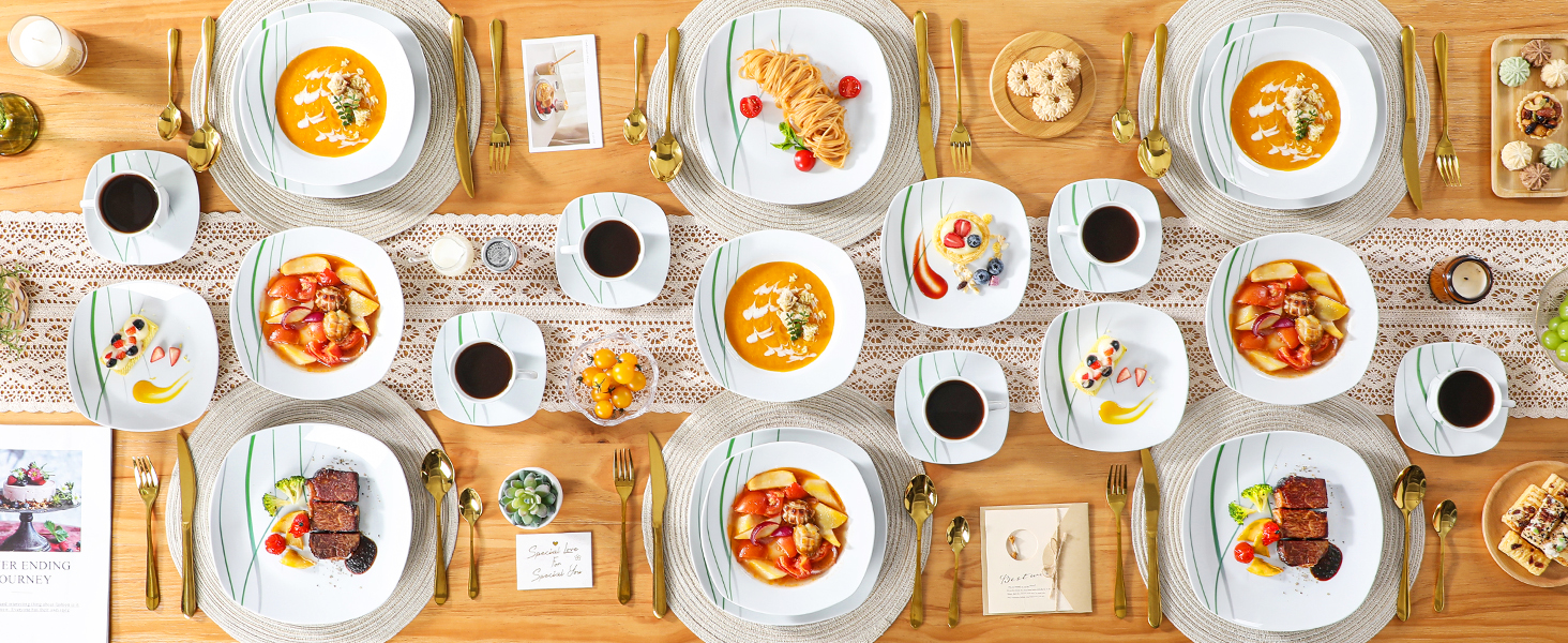 VEWEET Сервіз столовий 'Aviva' з порцеляни, 60 предметів | Комплект тарілок (глибокі, десертні), чашок та блюдець | Для 4-12 осіб