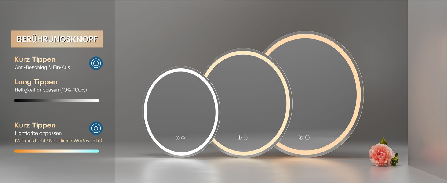 Дзеркало для ванної кімнати Dripex круглої форми з підсвічуванням LED, сенсорне керування, регулювання яскравості, 3 кольори світла, запобігання запотіванню, 60x60 см (Bluetooth, запобігання запотіванню, 3 кольори, регулювання яскравості)