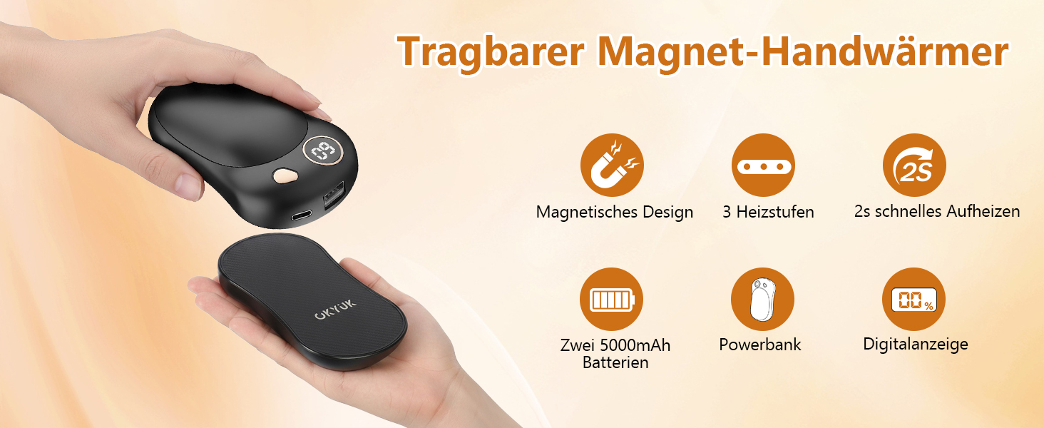 OKYUK Електричні грілки для рук 2 шт. з магнітним кріпленням, 5000 мАг, Powerbank, 3 режими, для кемпінгу та подарунків, чорний