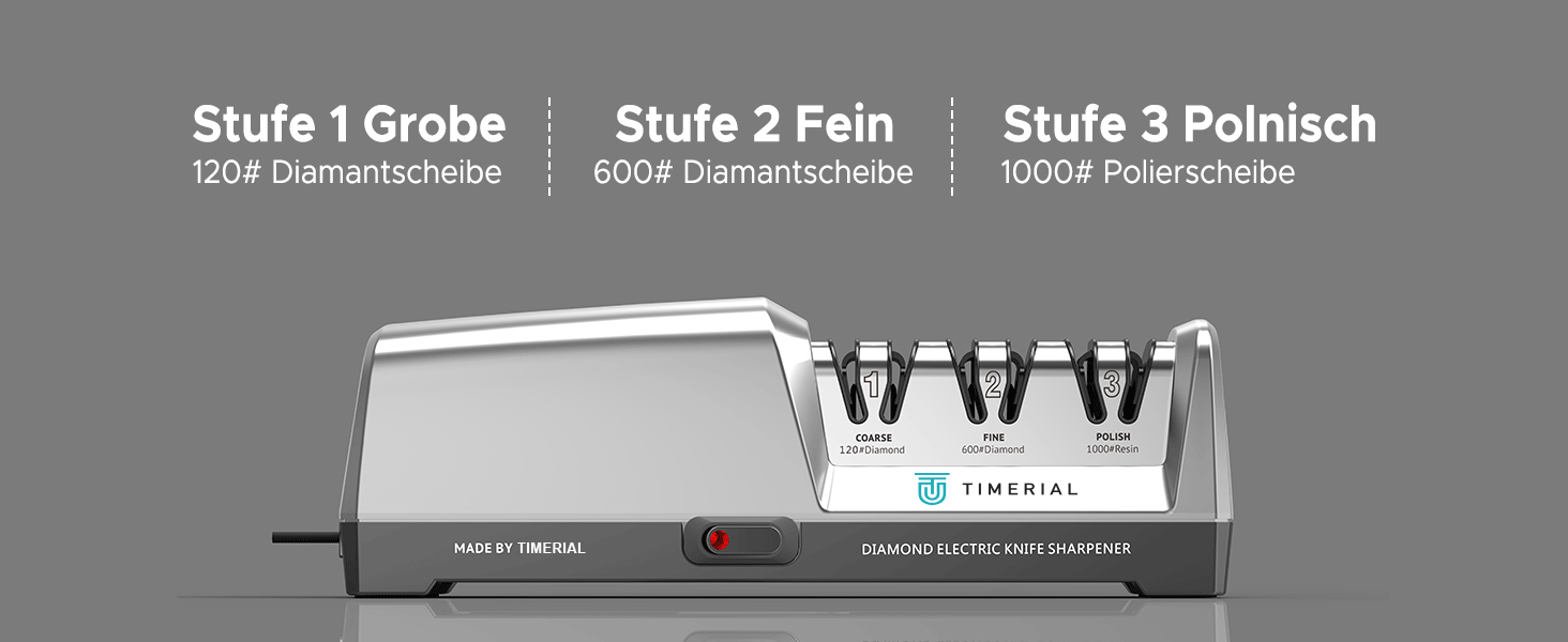 Електричний точило для ножів TIMERIAL з алмазними дисками 3-х ступенів, 15° кут, для сталевих кухонних ножів, 120/600/1000 grit