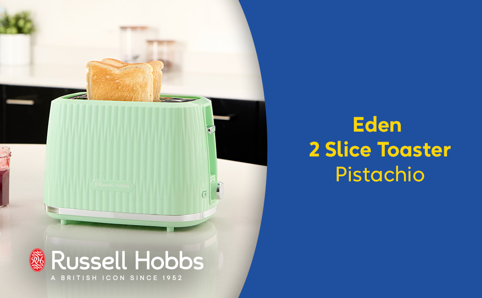 Тостер Russell Hobbs Eden з 6 рівнями підсмажування, підйомний механізм, функції розморожування, підігріву та зупинки, зйомний піддон для крихт, насадка для тостів, колір Pistazie (27374-56)