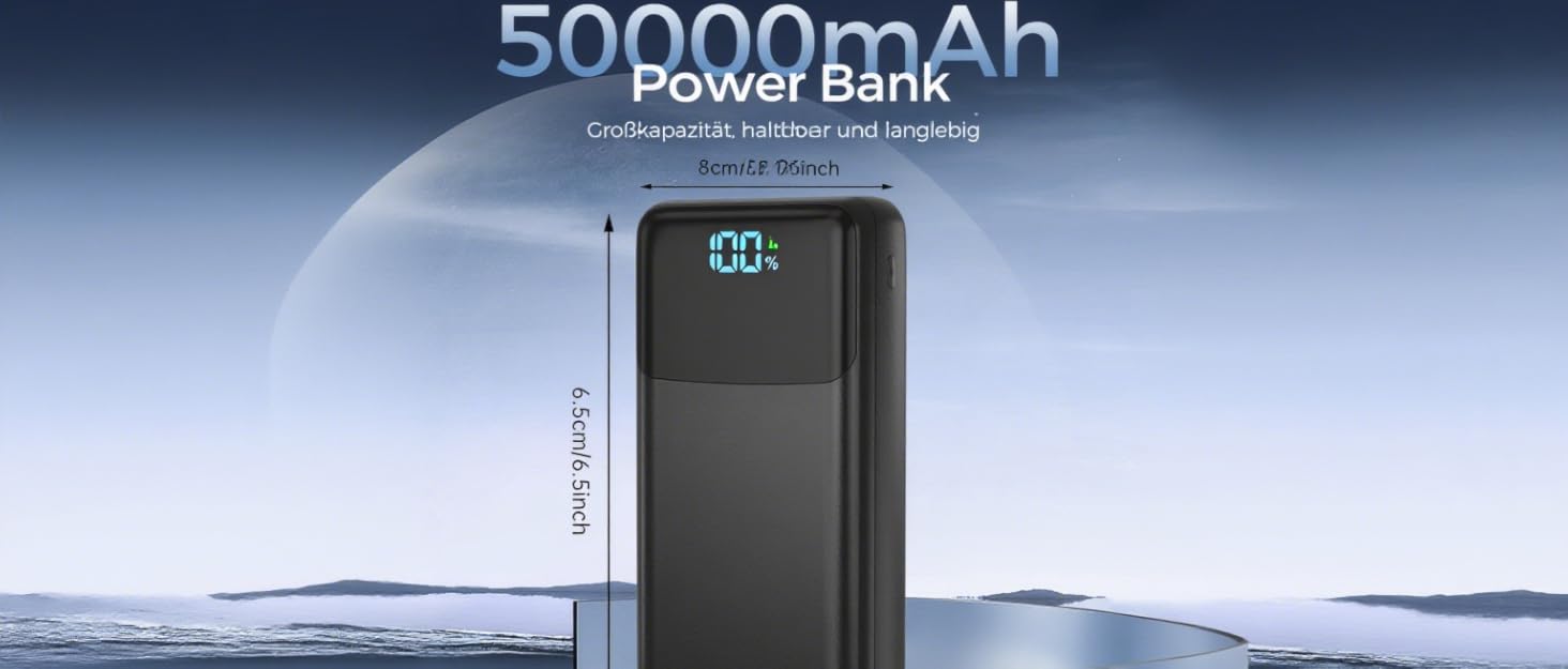 Power Bank 50000mAh з LED дисплеєм, 30W швидка зарядка, USB-C, 4 виходи та 2 входи - для iPhone, Android та планшетів