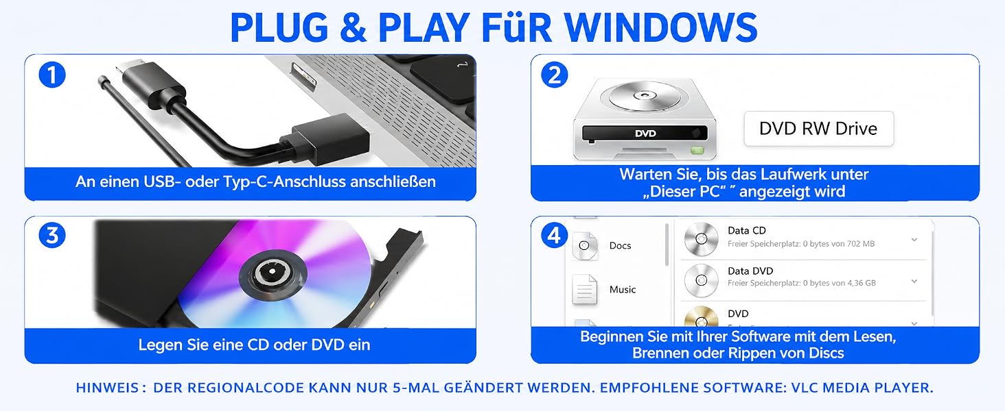 Зовнішній USB 3.0 Type-C CD/DVD привід-записувач (DVD +/-RW), портативний для ноутбука, ПК та Mac (Windows, Linux, macOS), чорний