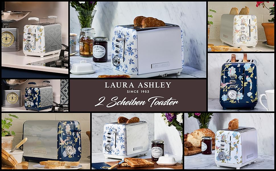 Тостер VQ Laura Ashley з 4-ма тостами, регулюванням нагріву, функцією розморожування та підігріву - модель Vintage з підставою для круасанів, нержавіюча сталь, колір 