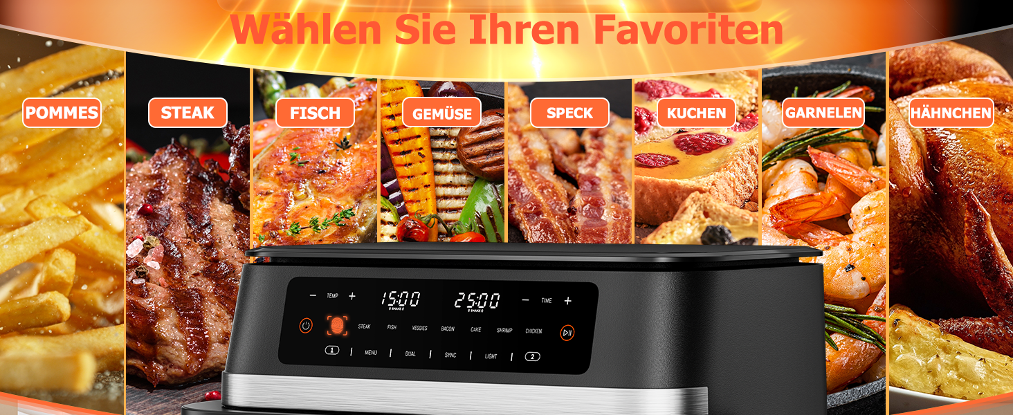 Електрична фритюрниця без олії, 12L, з подвійним відсіком, сенсорний екран, 10 програм, чорна