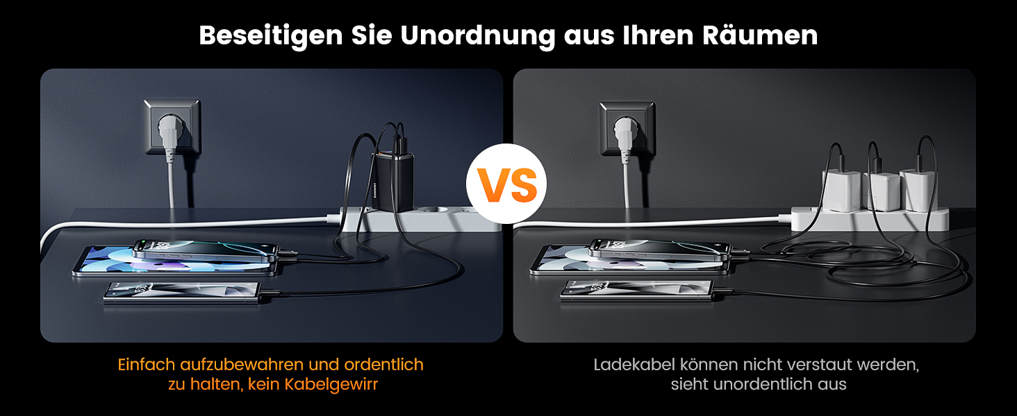 Зарядний пристрій USB-C toocki GaN 67W з LED дисплеєм та вбудованим кабелем для MacBook, iPhone 17 Pro Max, Samsung Galaxy S24 Ultra/S23, Nintendo Switch, ноутбуків та смартфонів - Чорний