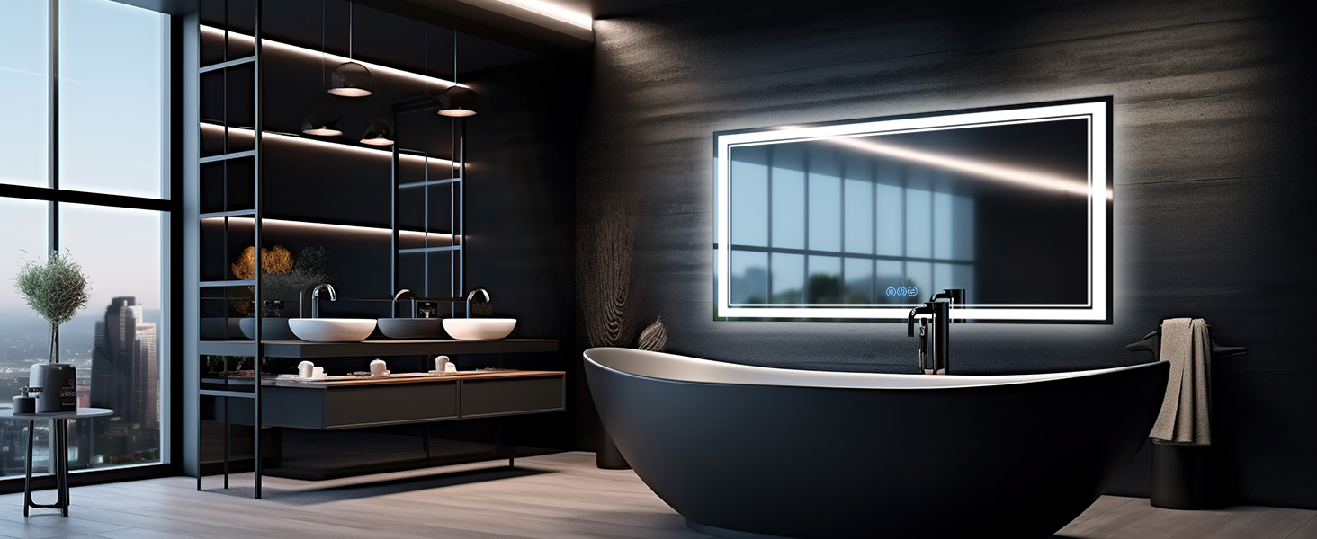 Дзеркало для ванної кімнати з підсвічуванням 100x60 см Faw Halo Double, HD скло, сенсорні кнопки, IP65, 3 кольори, вертикальна/горизонтальна орієнтація, функція пам'яті