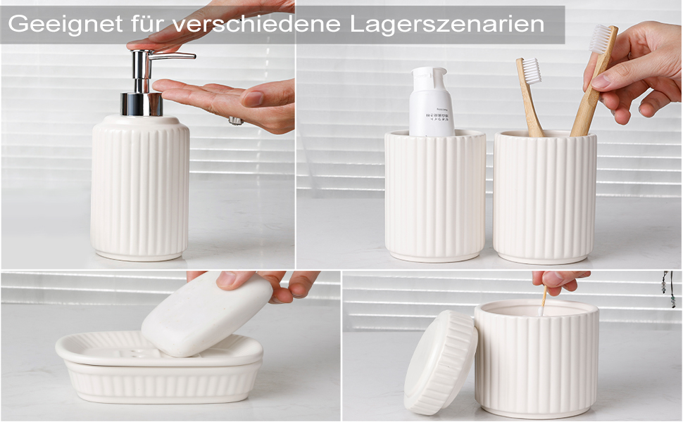 Набір для ванної кімнати NOVAJOY (5 предметів) – керамічний органайзер, мильниця, дозатор для мила, тримач для зубних щіток, контейнер для ватних паличок, бежевий