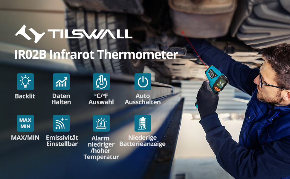 Інфрачервоний термометр Tilswall для промисловості та кулінарії (-50°C ~ 800°C) з лазерним цільовим прицілом та датчиком температури для м'яса