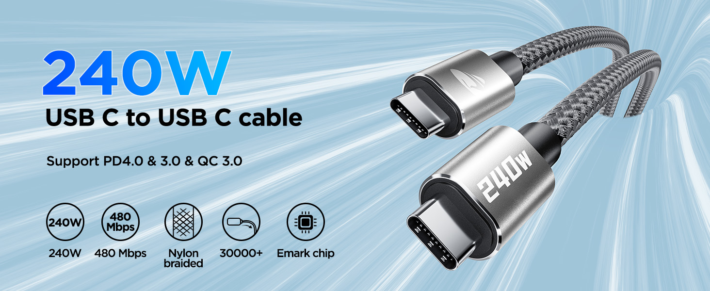 Кабель USB-C на USB-C 2 шт. 100W, 2м, сірий. Підтримка PD, швидка зарядка, нейлон. Сумісний з iPhone, Samsung, iPad, MacBook, Pixel, Switch