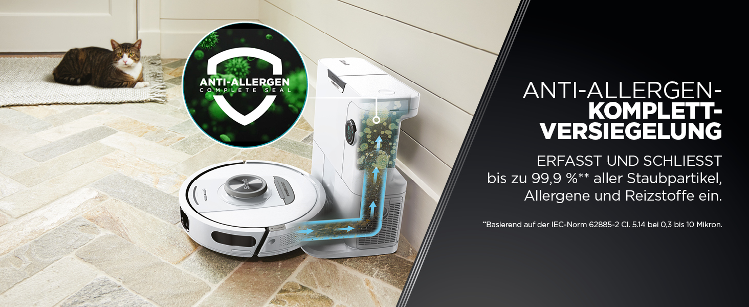 Робот-пилосос Shark PowerDetect з базою самоочищення, самостійно спустошується до 60 днів, для шерсті тварин, килимів та твердих підлог, з 3D- та LiDAR-навігацією, 14,5 см заввишки, білий