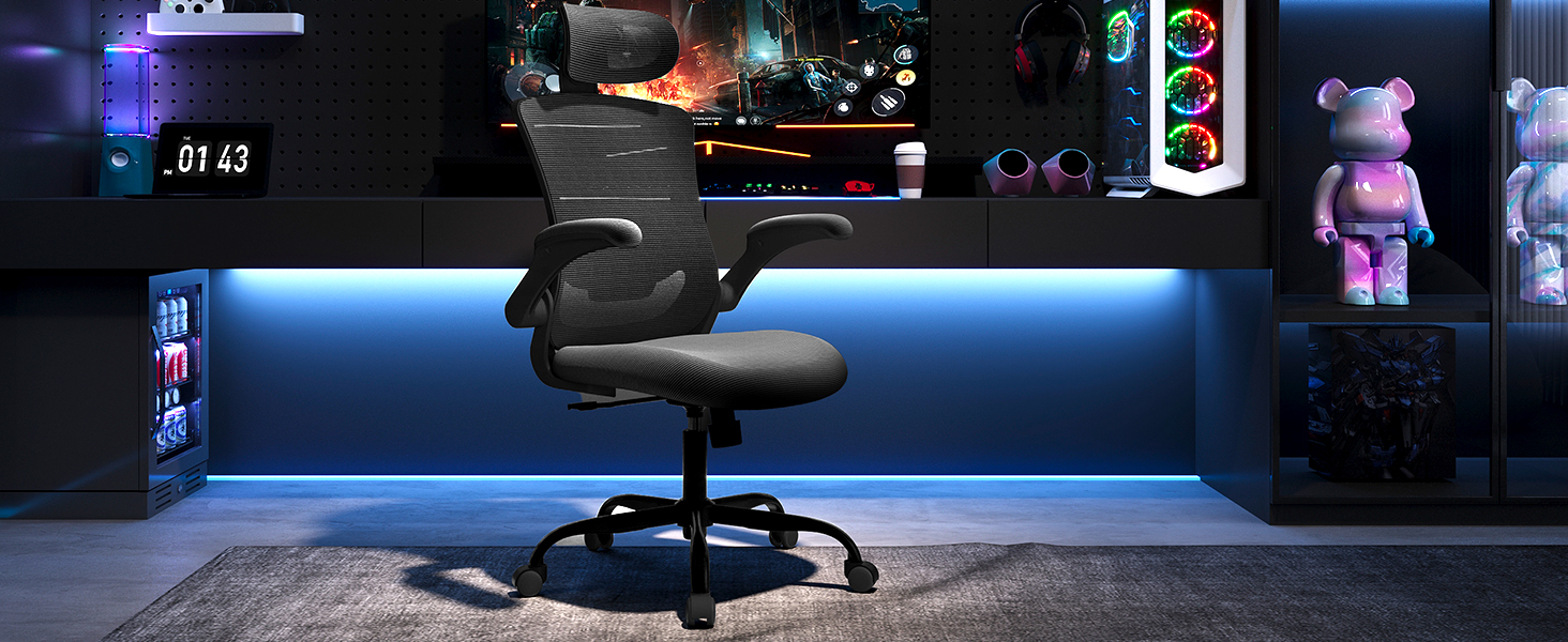 Коламі - ергономічне крісло для офісу з сітчастою спинкою, регульованою підголівником та поперековою підтримкою, підйомними підлокітниками, функцією гойдання та фіксації положення, регульоване по висоті, поворотне, чорне, універсальний розмір