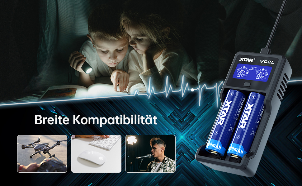Зарядний пристрій XTAR VC2L для акумуляторів 18650/21700 з LCD дисплеєм та USB Type-C, 2 слоти, для Li-ion 3.6V/3.7V та Ni-MH/Ni-Cd AA/AAA