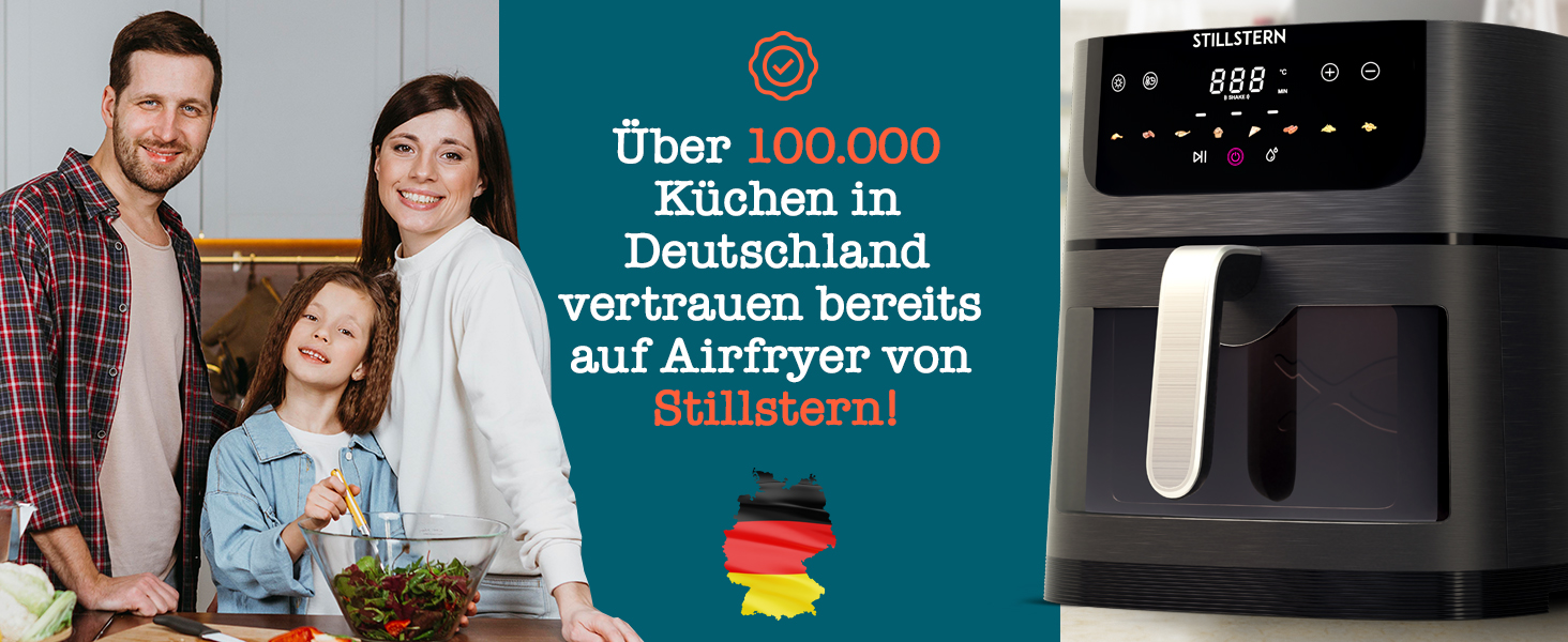 Stillstern Airfryer з оглядовим вікном, 8л, з парою та функцією Shake, 80-200°C, 1800W, таймер 120хв, 100 рецептів, чорний