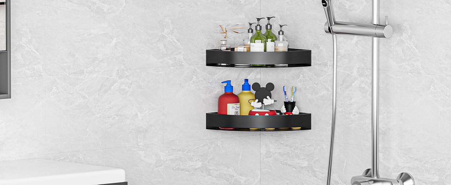 Поличка для душу без свердління, кутова, з нержавіючої сталі, з алюмінію, чорна - 2 шт.