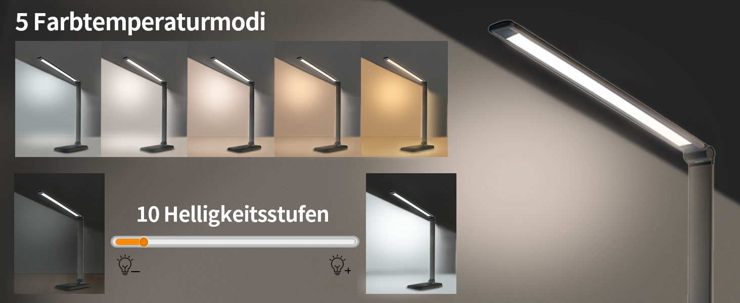 LED лампа настільна LQWELL® з регулюванням яскравості, металева, 5 кольорів, 10 рівнів яскравості, USB-зарядка, сенсорне управління, пам'ять, для дітей, чорна, QM019