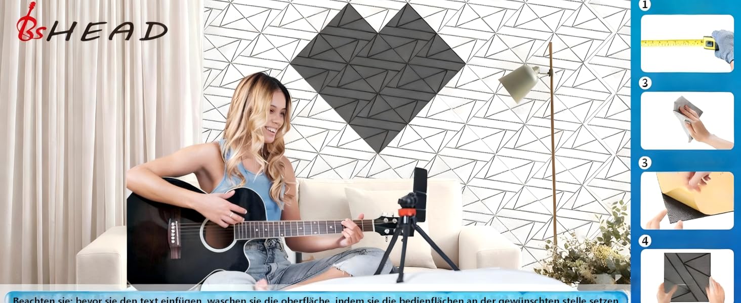 Акустичні панелі BSHEAD самоклеючі для звукоізоляції стін, шумопоглинаючий пінополіуретан 30x30x1.2 см, чорний