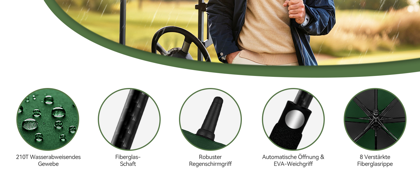 TECKNET Головний парасолька великий XXL, гольф-парасолька 173 см, стійкий до вітру, подвійний купол, вентильований, автоматичне відкриття, ручка EVA, для жінок та чоловіків (чорний та зелений, 150 см)