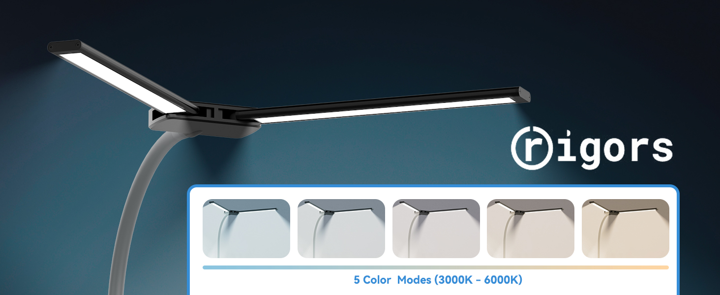 LED настільна лампа Rigors 60 см з регулюванням яскравості, 900 лм, денне світло, захист очей, 5 кольорів, 10 рівнів яскравості, гнучкий 360° шийка, з мережевим адаптером, чорний