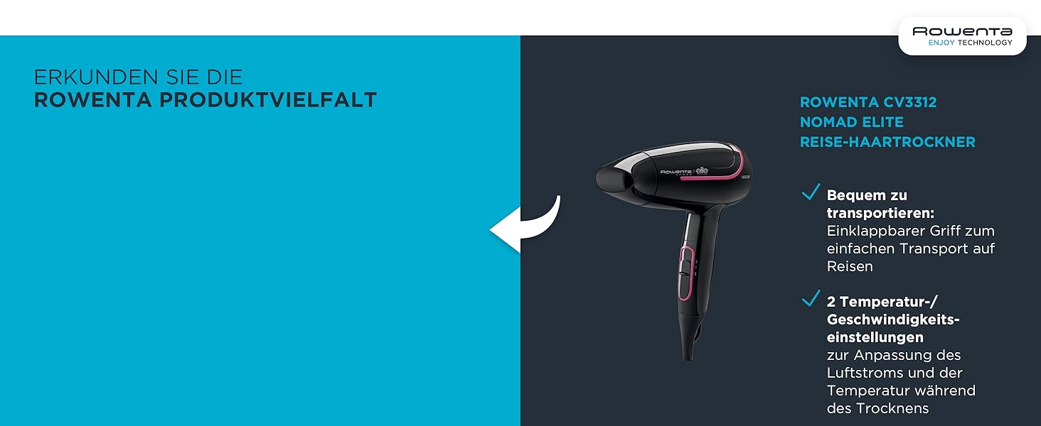 Фен Rowenta CV6030 Haartrockner Eco Intelligence Instant Dry з технологією Air Booster | 1500 Вт, 3 температури, 2 швидкості, холодне повітря, чорний