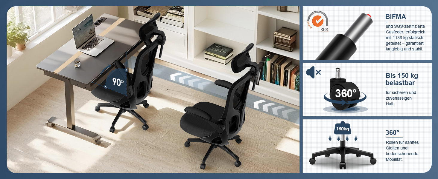 Офісний крісло з підголівником та підтримкою попереку, ергономічне, з регулюванням нахилу до 130°, з відкидними підлокітниками, поворотне, чорне, модель Ⅰ, до 150 кг