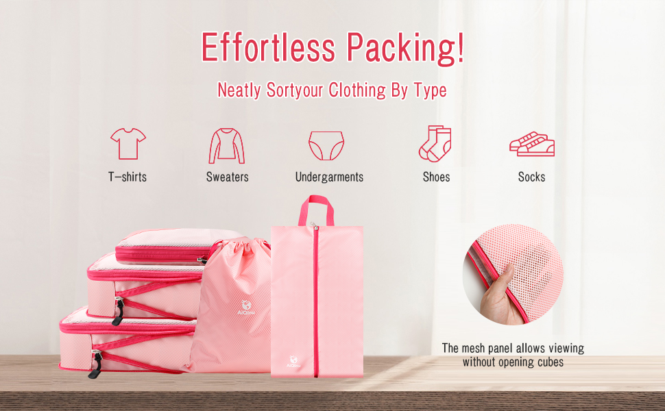 Набір органайзерів для валізи AiQInu: 5 шт. з компресією, мішки для білизни та взуття, рожевий