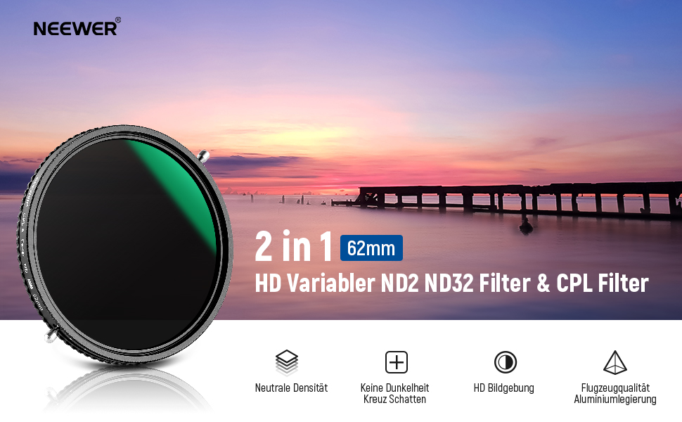 NEEWER Фільтр ND 62mm 2-в-1 (ND2-ND32 & CPL) Зірковий фільтр, Кругла поляризація, HD скло, Нанопокриття