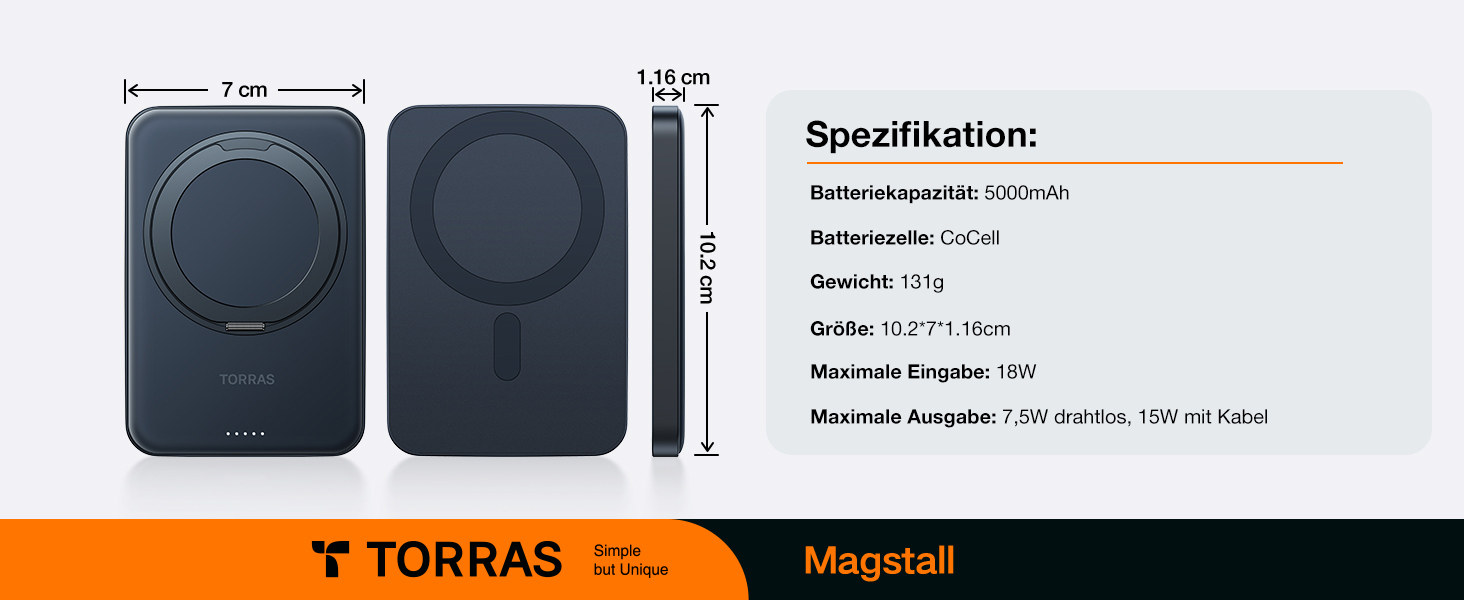 Power Bank TORRAS 5000mAh з MagSafe та кільцем для iPhone 16/15/14/13/12. Бездротовий, USB-C, чорний