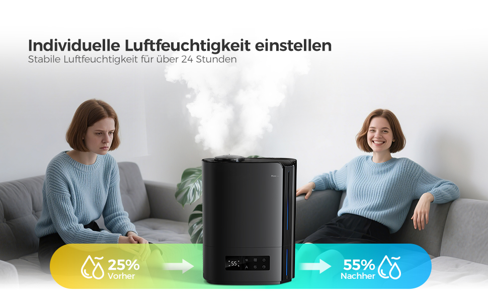 Зволожувач повітря AROEVE 6L з аромадифузором, ультразвуковий, для дитячої кімнати, 60 годин роботи, тихий, з контролем вологості, чорний