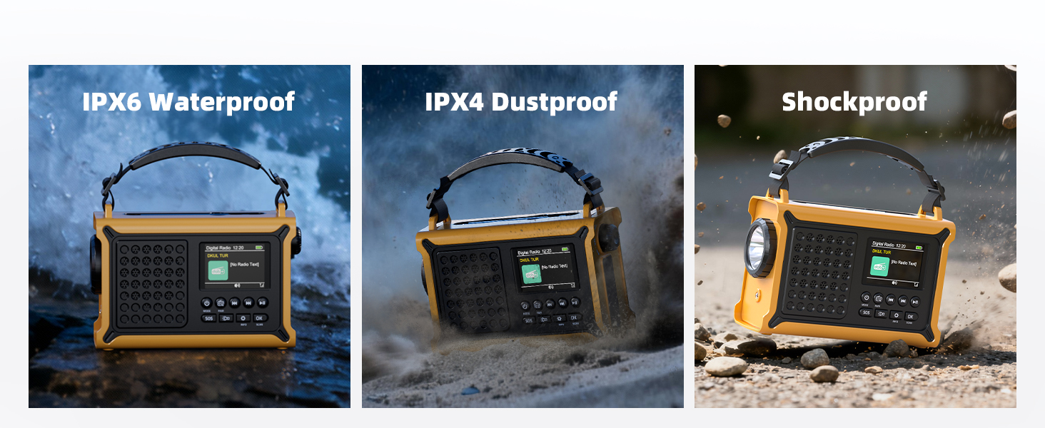 Сонячне радіо Solar Radio з ручкою, 12000mAh, DAB/DAB+/UKW, радіо для надзвичайних ситуацій з сонячною панеллю 8500мм² та ручкою 650mA, радіо з динамо, Bluetooth, ліхтарик та зарядний пристрій USB, для кемпінгу, надзвичайних ситуацій (жовте)