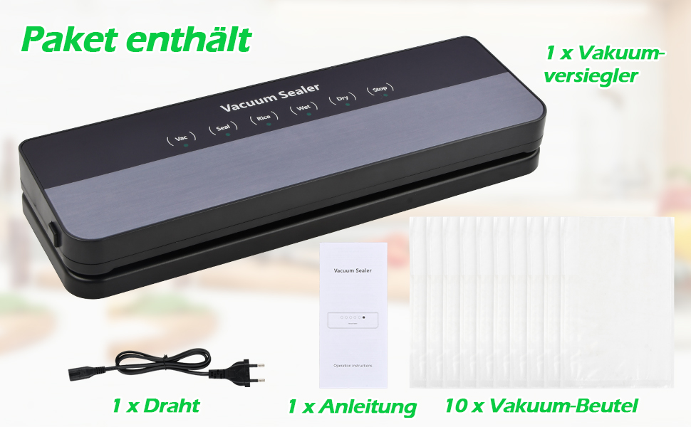 Вакуумний пакувальник Focenat 5-в-1, 65 KPA, для зберігання продуктів, з 10 пакетами, зварювальна швейна лінія 30 см