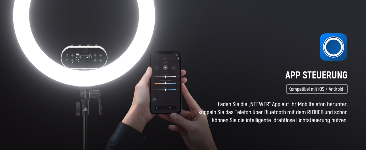 NEEWER Комплект кільцевого світла для фото та відео: 48 см, 52 Вт, регульоване LED, штатив, Bluetooth, для смартфона, YouTube, селфі (RH100B)