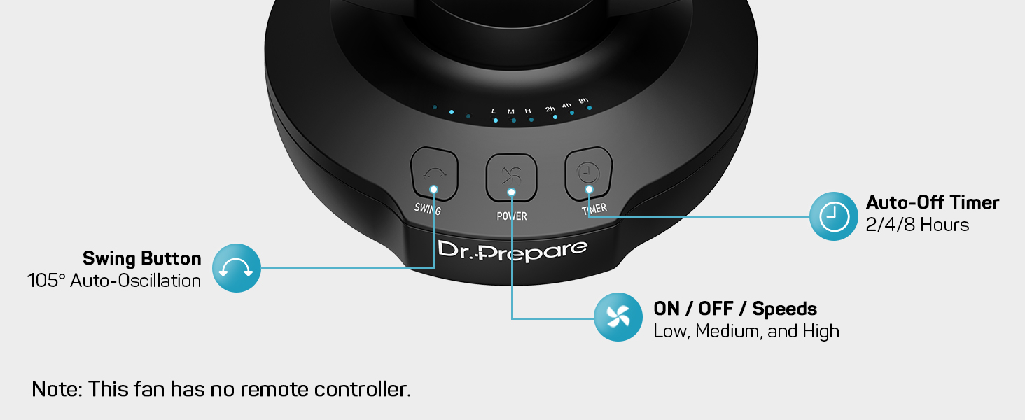 Вентилятор настільний DR.PREPARE 40см з 3 швидкостями, коливання 105°, таймер, чорний