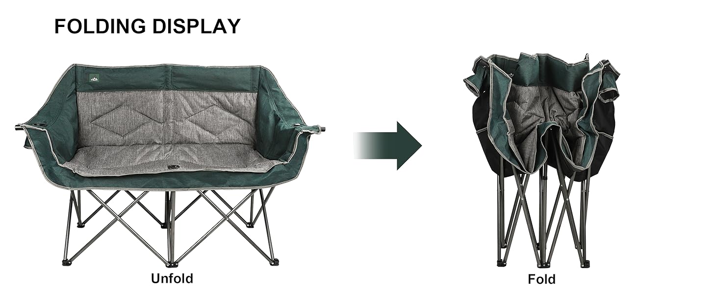 Розкладний крісло-диван Northroad для кемпінгу на 2 особи, портативне, м'яке, для саду, пікніків, пляжу, подорожей (темно-зелене)