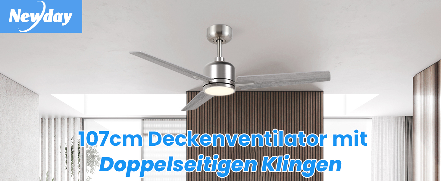 Стеляний вентилятор Newday білий, 122 см з підсвіткою та пультом керування. Безшумний вентилятор для стелі з лампою, регульована яскравість, DC мотор, реверсивний для спальні та вітальні (107-silber-holz)