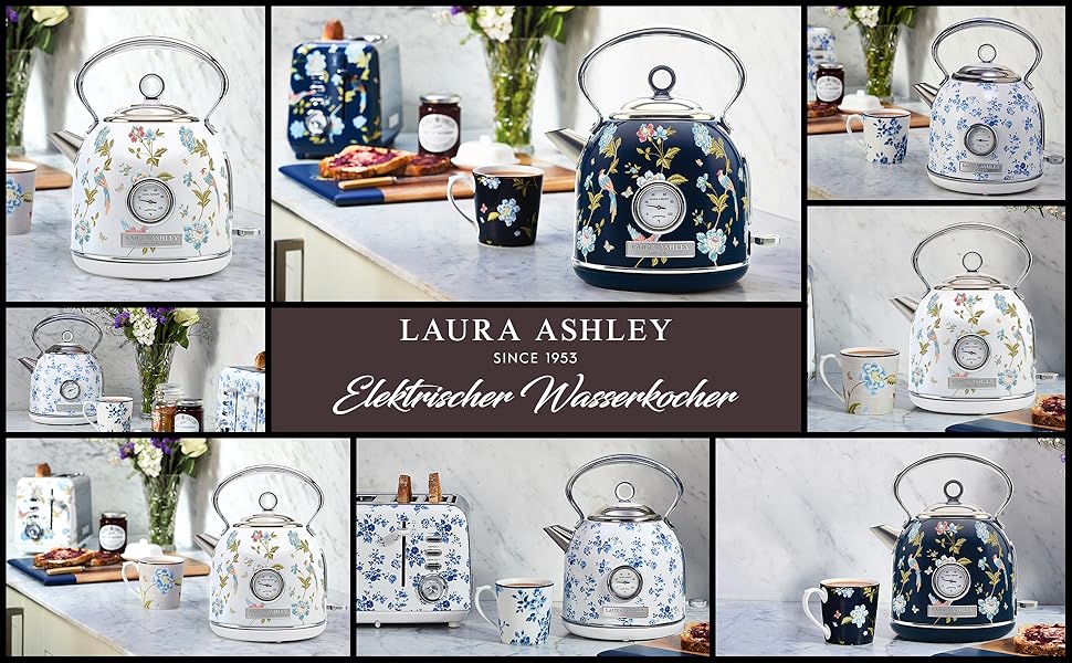 Laura Ashley Elveden Wireless Electric Kettle - 1.7L Stainless Steel, 2.2kW Fast Boil, Temperature Display & Overheat Protection