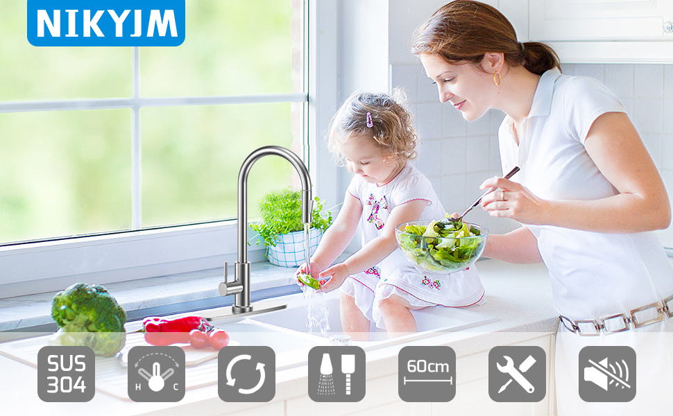 Змішувач кухонний поворотний 360° з висувною лійкою, нержавіюча сталь, гаряча/холодна вода, 2 режими струменя, G3/8'', кухонний